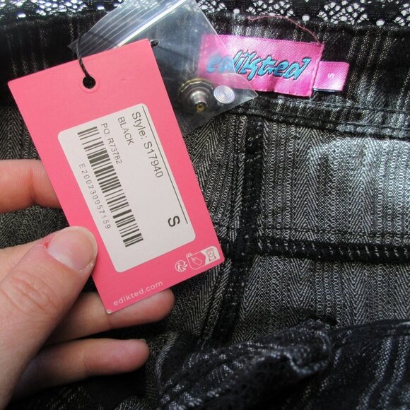 Edikted Women Jeans S Black Low Rise Stripe Lace Trim Wide Leg Trendy Preppy 626 - Picture 6 of 16